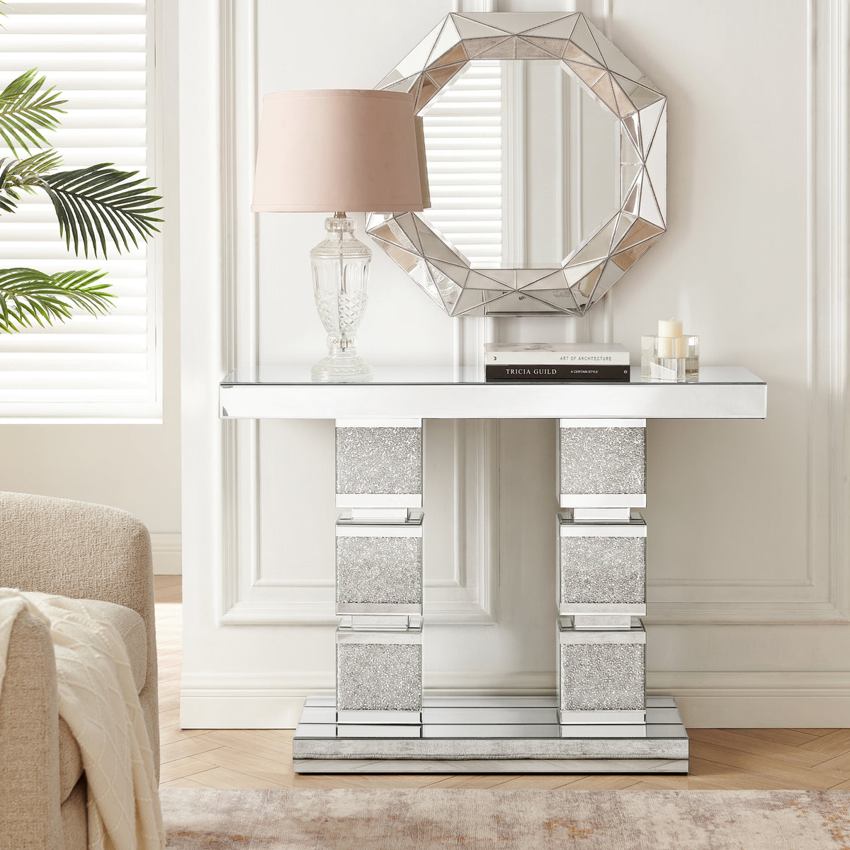 Mirrored Console Table with Crushed Diamond Inlay,Silver Mirrored Entryway Table,Modern Accent Narrow Table for Living Room,Hallway, Foyer. 43.3'W x 12.6'D x 31.4'H