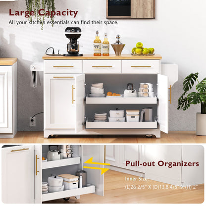 K&K 59.3" Kitchen Island with Storage 2 Pull Out Cabinet Organizers & Rubber Wood Drop Leaf, Rolling Kitchen Island with Trash Can Storage