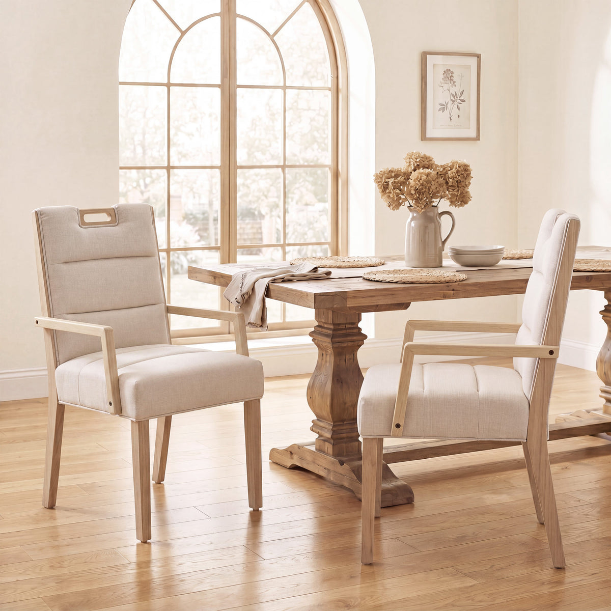 Upholstered Dining Chairs with Armrests, Beige Fabric & Natural Rubber Wood Frame, Set of 2