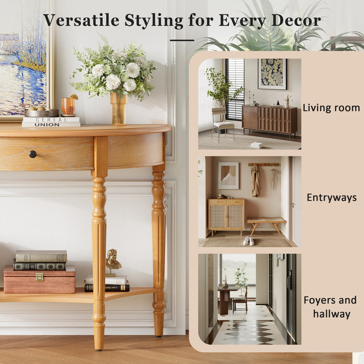 TREXM Farmhouse Half Moon Console Table with Drawer & Shelf - Rustic Accent Table, Sofa Table, Hallway and Foyer (Natural)