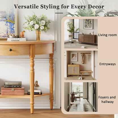 TREXM Farmhouse Half Moon Console Table with Drawer & Shelf - Rustic Accent Table, Sofa Table, Hallway and Foyer (Natural)
