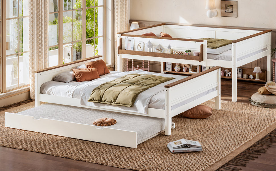 Queen over Queen Wood Bunk Bed with Pull-out Trundle Bed, Side Storage Shelf, Detachable Bunk Bed Frame, Convertible Into 2 Separate Beds for Kids Teens Adults, Beige&Natural