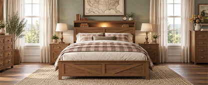Queen size bed frame headboard with LED lights and charging station cushion platform bed frame, large bed, with headboard and hidden storage space, no box spring required, Antique,Brown
