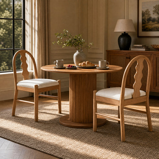 Rubber Wood Dining Chairs Set of 2, Curved Arch Wavy Back Kitchen Chairs with White Fabric Upholstered Seat Cushion, Farmhouse Wooden Side Dining Chairs for Home Kitchen,Natural
