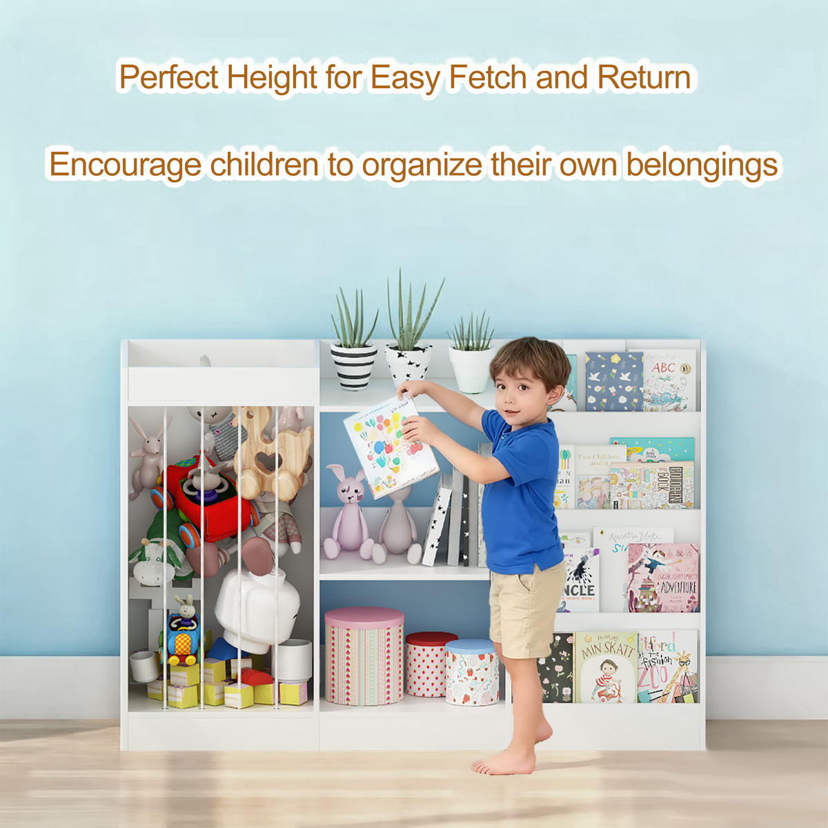 Kids Bookshelf and Toy Storage, 3-Tier Book Shelf, Sling Baby Bookcase with Stuffed Animal Storage, Toddler Montessori Bookshelf