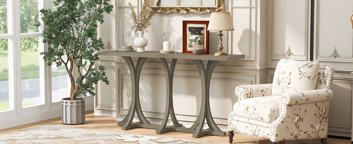 U-Style 59.8'' Wooden Console Table with Oak Veneer Top,Farmhouse Entryway Table with Rubber Wood Slender Curved Legs,Perfect for Living Room,Entryway,Hallway, Dining Spaces.