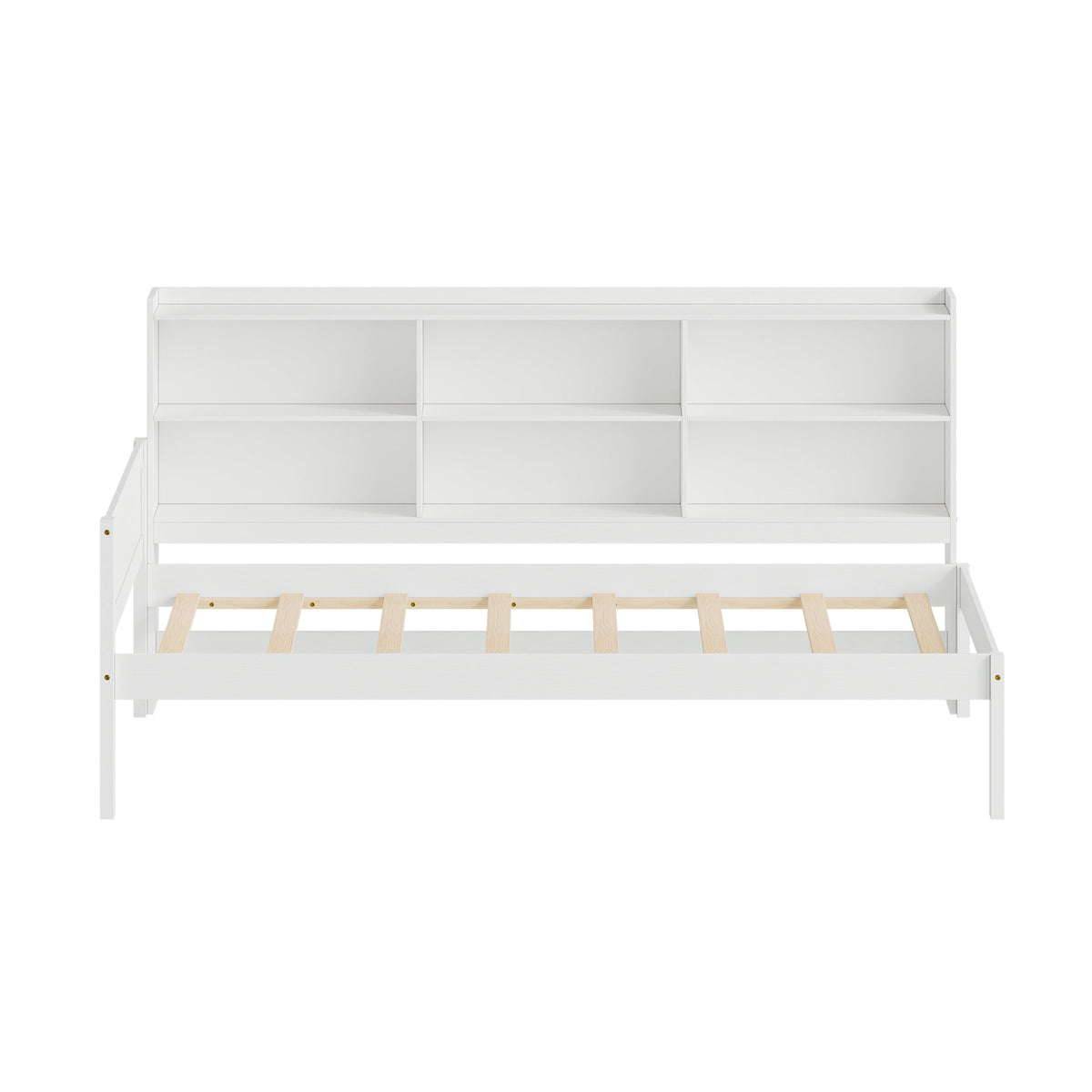 Twin Size Solid Wood Single Bed with Large Multi-compartment Storage Headboard Bookshelf, Simple Solid Wood Bed Frame, Multi-functional Storage Bed for Bedroom,White