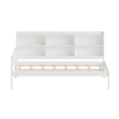 Twin Size Solid Wood Single Bed with Large Multi-compartment Storage Headboard Bookshelf, Simple Solid Wood Bed Frame, Multi-functional Storage Bed for Bedroom,White