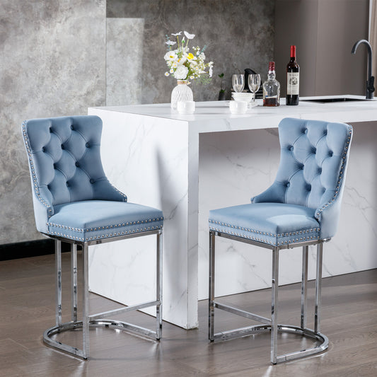 26' Counter Height Bar Stools Set of 2, Modern Velvet Barstools with Button Back&Rivet Trim Upholstered Kitchen Island Chairs with Sturdy Chromed Metal Base Legs Farmhouse Bar Stools,Light Blue,2 Pack