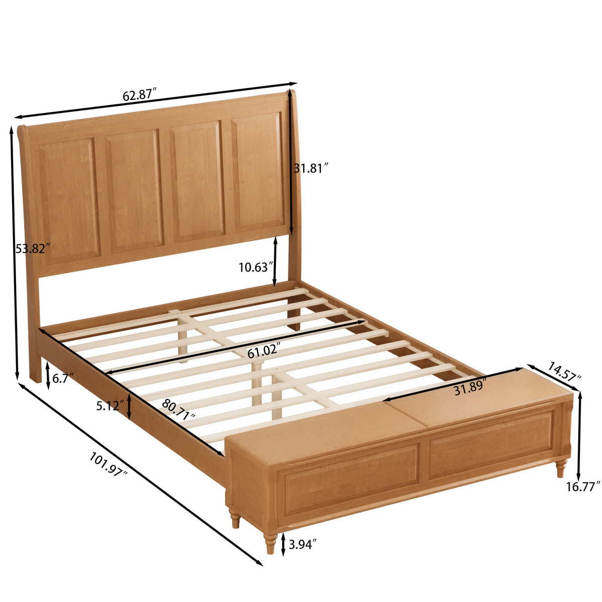 Queen Bed Frame with Tall Headboard and Storage Bench,Soild Wood Sleigh Bed with 64" Storage Chest,No Box Spring Needed, Natural
