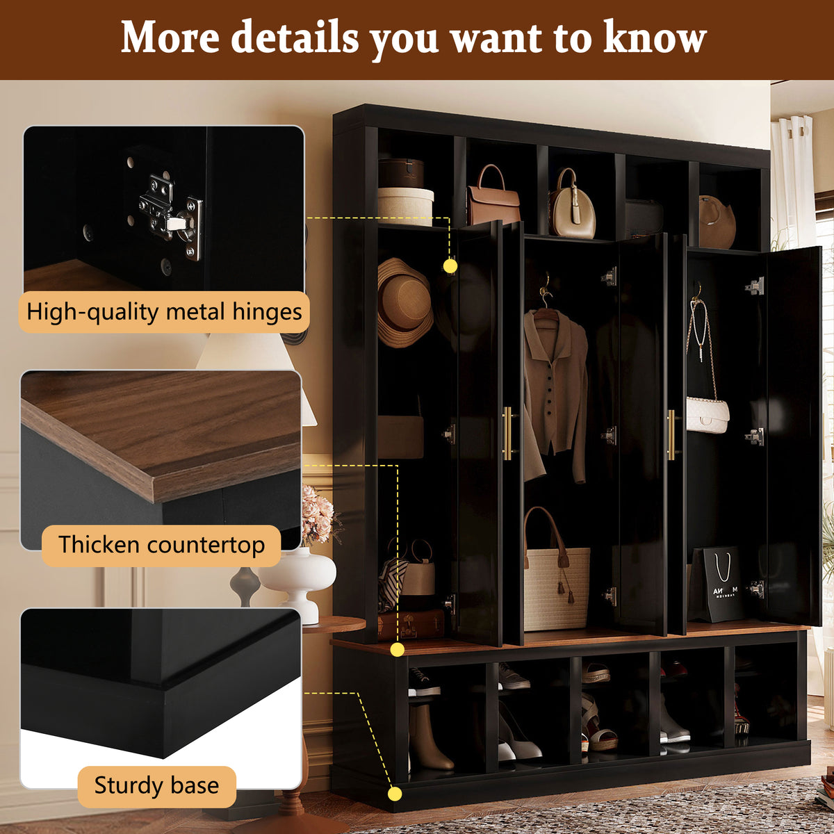 U-Can Farmhouse Entryway Storage Cabinet Coat Closet with Shoe Rack & Display Cubbies