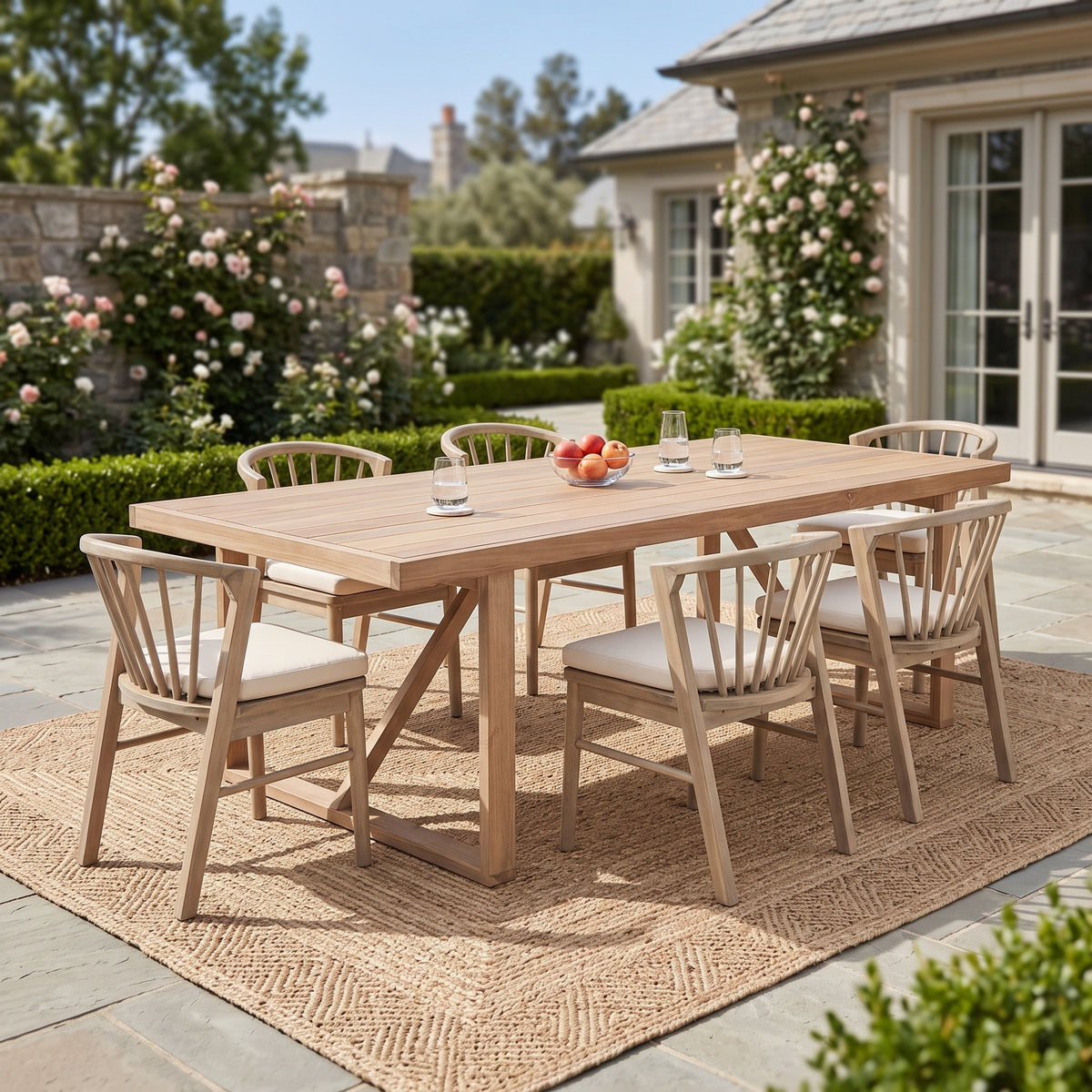 7-Piece Outdoor Patio Dining Set, 67' Acacia Wood Rectangular Table with 6 Slat-Back Dining Chairs, Light White Finish with Cream Fabric Cushions for Backyard Garden