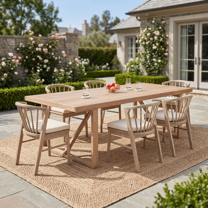 7-Piece Outdoor Patio Dining Set, 67' Acacia Wood Rectangular Table with 6 Slat-Back Dining Chairs, Light White Finish with Cream Fabric Cushions for Backyard Garden
