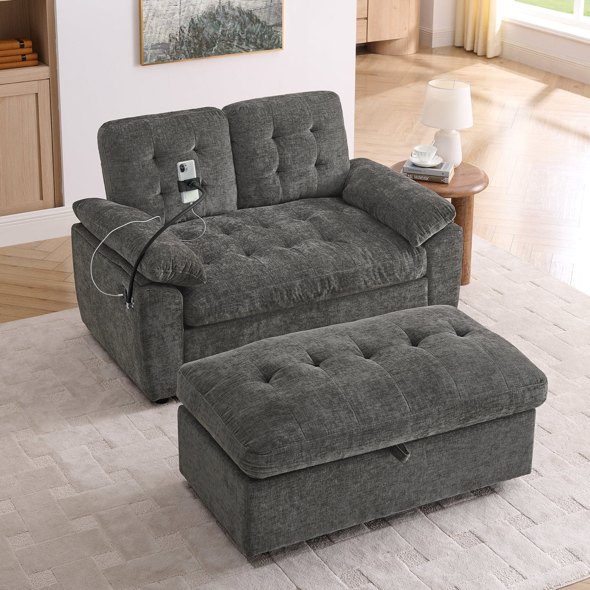 Leisure sofa chair,Double sofa recliner, with manually adjustable backrest, soft padded armrests, side USB charging port and phone stand, comes with a matching storage ottoman-Gray