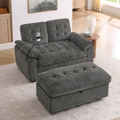 Leisure sofa chair,Double sofa recliner, with manually adjustable backrest, soft padded armrests, side USB charging port and phone stand, comes with a matching storage ottoman-Gray