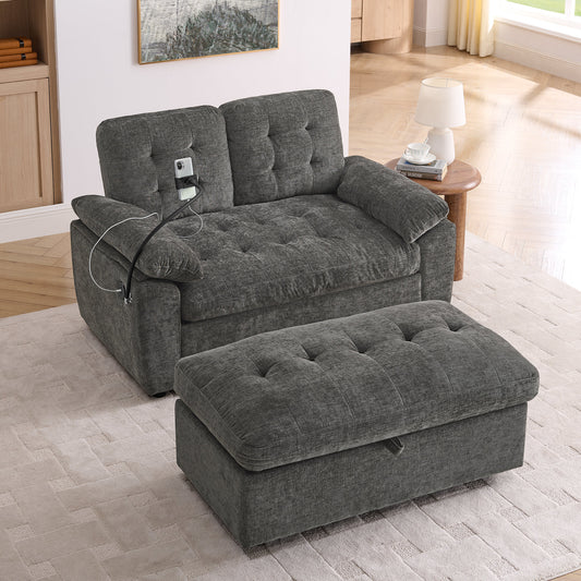Leisure sofa chair,Double sofa recliner, with manually adjustable backrest, soft padded armrests, side USB charging port and phone stand, comes with a matching storage ottoman-Gray