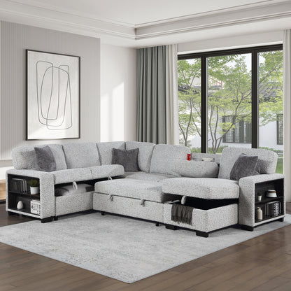 Giza Modular Sectional Sofa with Sleeper, Storage, USB Charging and Bouclé Upholstery in Gray