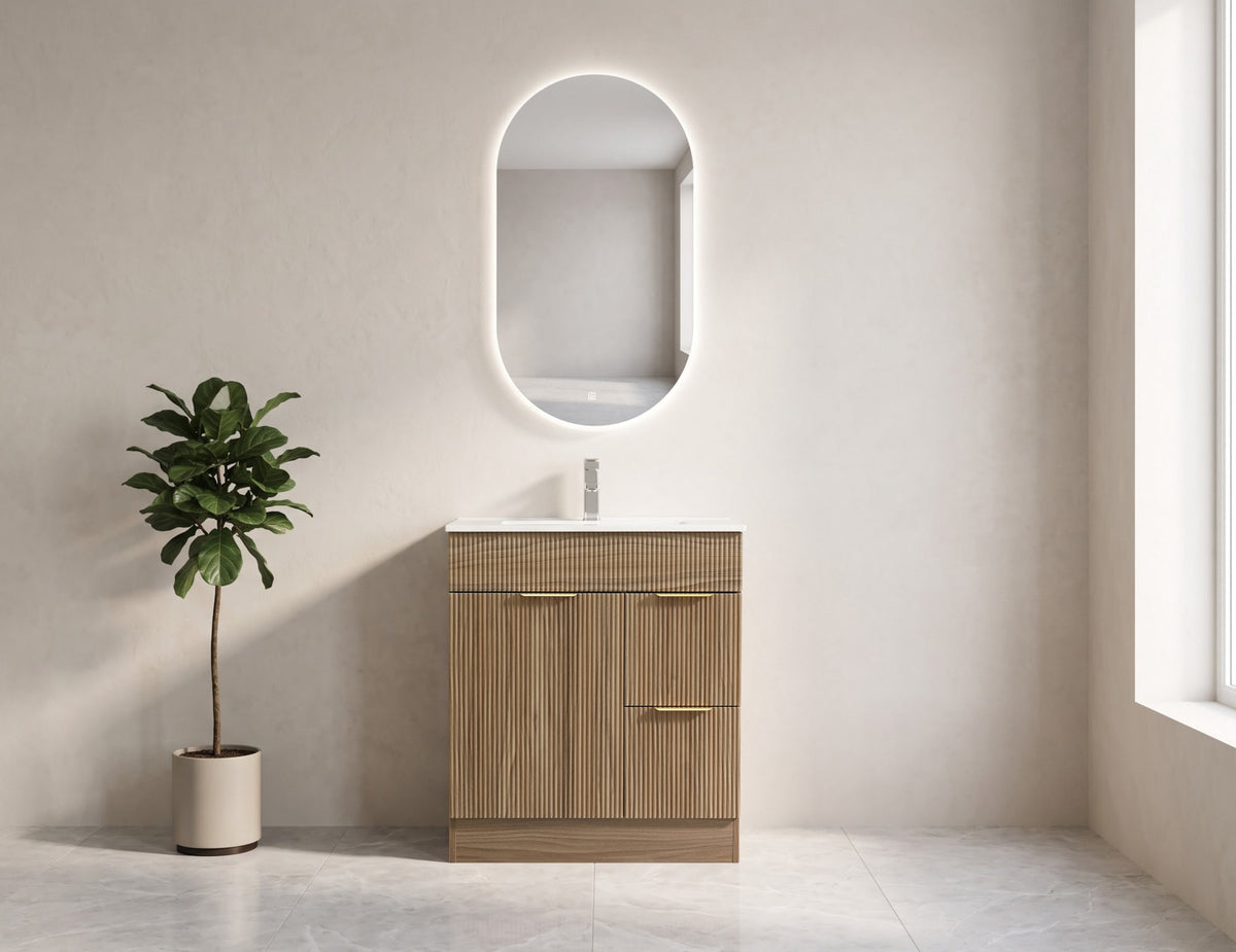 Goodyo 30" Mid-Century Modern Bathroom Vanity with White Ceramic Sink Combo Set, Freestanding Fluted MDF Cabinet with 1 Door and 2 Drawers, Gold Finish Handles, Natural Walnut Pattern