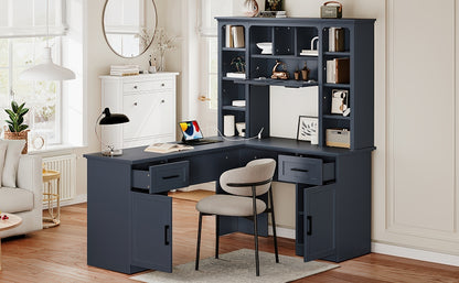L-Shaped Computer Desk with 2 Cabinets and 2 Drawers, 11 Open Shelves and 1 Right Flip Shelf with Storage, with Power Outlet, Antique Blue