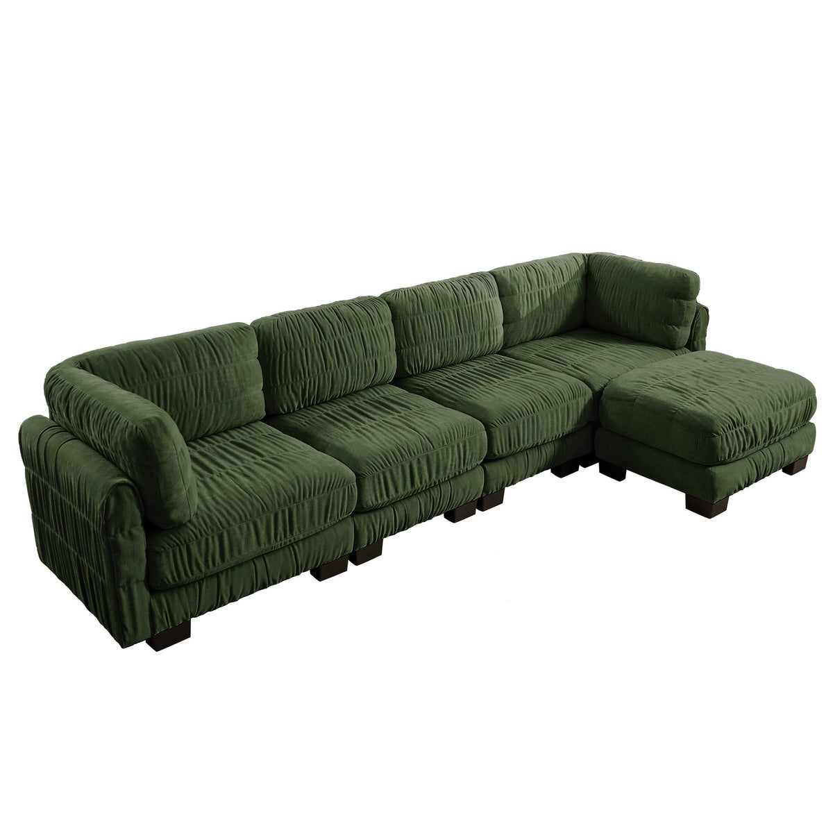 4 Seat Ruched Detailing Chenille Modular Sectional Sofa,Movable Ottoman,High-Density Foam,L Shape Thickened  Back Cushions,Easy Assembly,For Living Room,Bedroom,Green