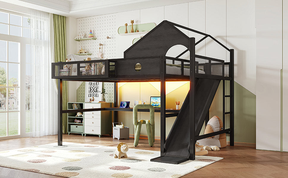 Queen Size Multifunctional Loft Bed with Slide, Desk,and Storage Shelves, Metal Loft Bed Frame With USB Ports And Led Lights, Triangular Geometry House Design, Black