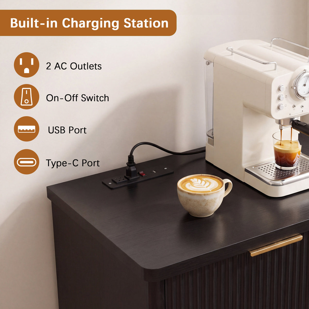 Fluted Coffee Bar Cabinet with Mini Fridge Space & Charging Station, Home Bar Cabinet with Hidden Trash Can Storage & Drawer for Kitchen, Dining Room or Living Room,Black