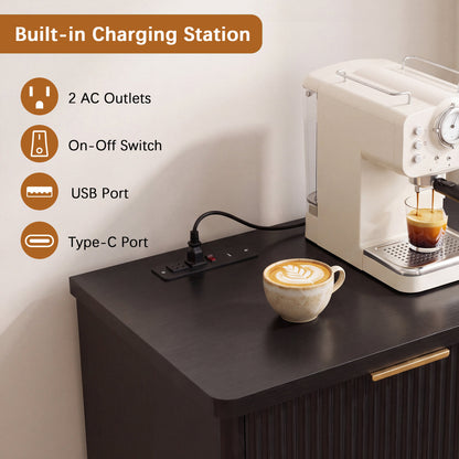 Fluted Coffee Bar Cabinet with Mini Fridge Space & Charging Station, Home Bar Cabinet with Hidden Trash Can Storage & Drawer for Kitchen, Dining Room or Living Room,Black