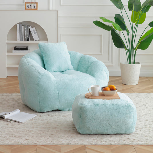 Giant Bean Bag Chair withFootstool, Oversized Bean Bag for Adults and Kids, Faux Fur Shell-Shaped Large Chair with Filler