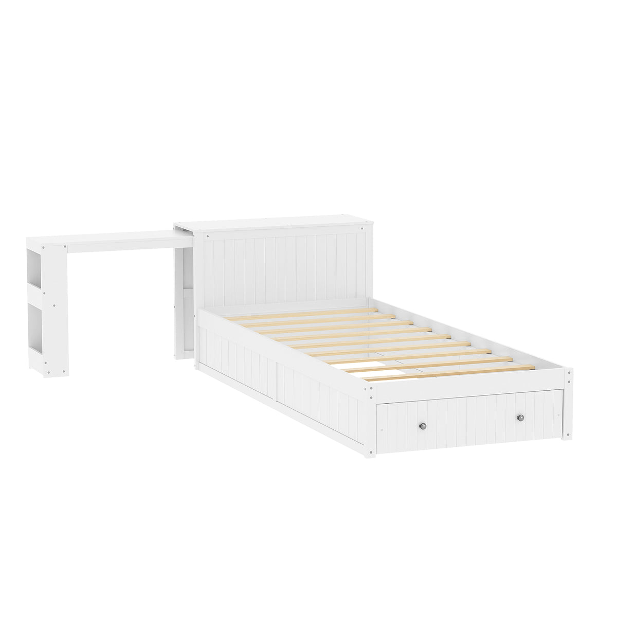 Twin Modern Platform Bed with Integrated Desk and Storage, Wood Bed Frame with wide Headboard, Footboard Drawers & Side Shelves, Multifunctional Space Saving Bedroom Furniture for Teen and Kids, White