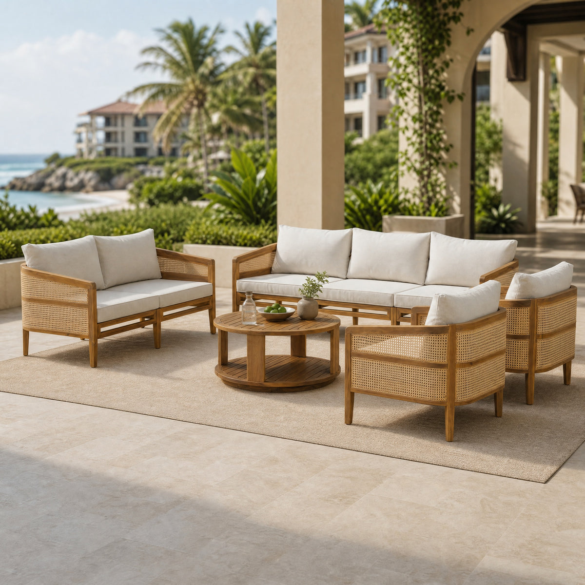 TOPMAX 5-Piece Acacia Wood Patio Furniture Set, Modular Outdoor PE Rattan Sofa Set with Loveseat, 2 Armchairs & Round Coffee Table, Water-Resistant Cushions for Backyard Poolside, Beige