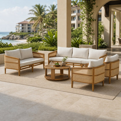 TOPMAX 5-Piece Acacia Wood Patio Furniture Set, Modular Outdoor PE Rattan Sofa Set with Loveseat, 2 Armchairs & Round Coffee Table, Water-Resistant Cushions for Backyard Poolside, Beige