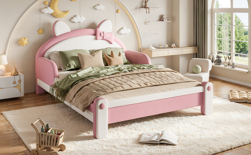 Full Cute Cat Shaped Upholstered Kids Platform Bed, Princess Style Low Profile Children Bed Frame for Bedroom,white&Pink