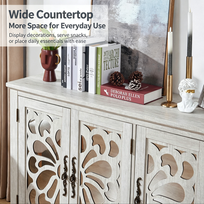 Freestanding Accent Storage Cabinet, MDF Sideboard Buffet Cabinet, Acrylic Mirror Carved Doors, Adjustable Shelf, Spacious Countertop, Anti‑Tip Straps, Easy Assembly for Living Room Hallway Kitchen