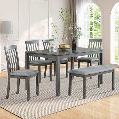 6 Piece Kitchen Dining Set, Rectangular Wooden Dining Table with 4 Upholstered Chairs and a Bench, Dining Table Set for 6 People, Living Room, Home Bar and Kitchen, Grey