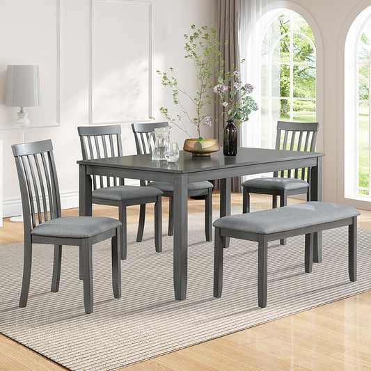 6 Piece Kitchen Dining Set, Rectangular Wooden Dining Table with 4 Upholstered Chairs and a Bench, Dining Table Set for 6 People, Living Room, Home Bar and Kitchen, Grey