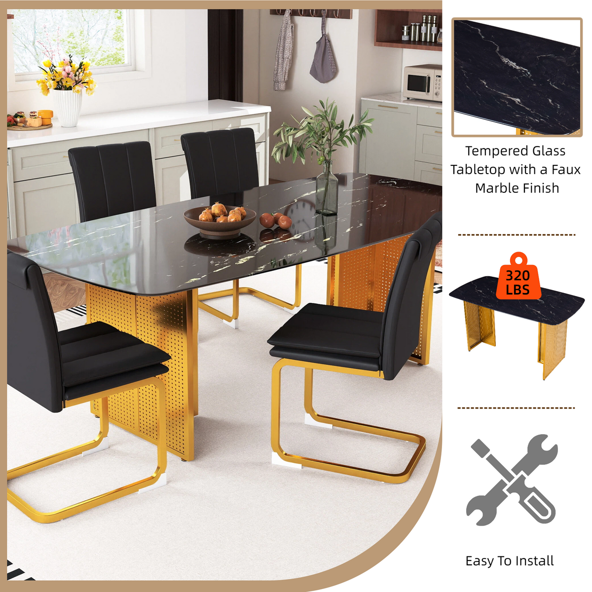 Modern-Style Rectangular Tempered Glass Dining Table for 6, Featuring a Marble-Patterned Design with Golden Hollow-Out Metal Legs, an Ideal Dining Table for Living Rooms and Home Offices.