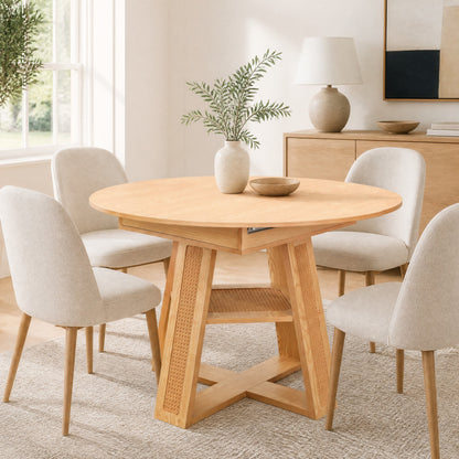 43.3'-59.05' Extendable Round Dining Table for 4-6, Round-to-Oval Kitchen Table with Removable Extension Leaf, Cross-Shaped Base and Storage Shelf, Natural