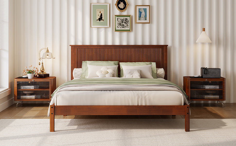 Queen Size Solid Rubber Wood Bed with Wave-Styled Headboard,Central Support Beams and Reinforced Platform Feet,Walnut