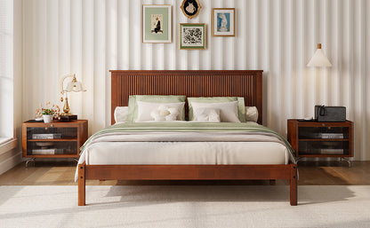 Queen Size Solid Rubber Wood Bed with Wave-Styled Headboard,Central Support Beams and Reinforced Platform Feet,Walnut
