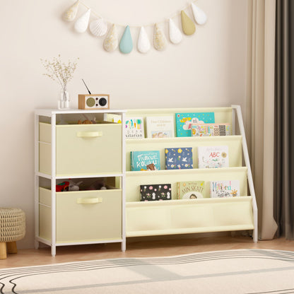 Kids Bookshelf with 3-Tier Front-Facing Book Display, 2 Storage Bins and Bottom Cabinet, Children's Bookcase Organizer for Bedroom, Playroom and Nursery