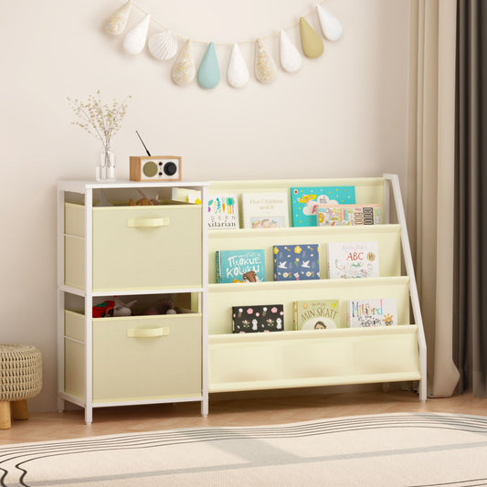 Kids Bookshelf with 3-Tier Front-Facing Book Display, 2 Storage Bins and Bottom Cabinet, Children's Bookcase Organizer for Bedroom, Playroom and Nursery