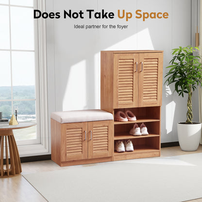 Multi functional Shoe Storage Cabinet with Bench & 7+3 Storage compartment, Adjustable layer board
, Shoe Bench with Cushion for Entryway,  Freestanding Shoe Rack for  Mudroom, Hallway,oak