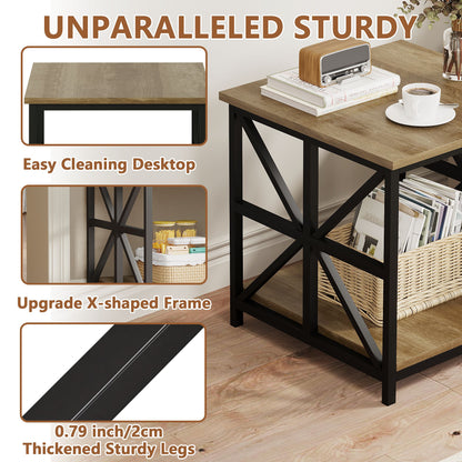 24" End Table with Storage, 2-Tier Side Table with Open Shelves for Living Room, Bedroom Nightstand, Farmhouse Accent Table, Grey Wash