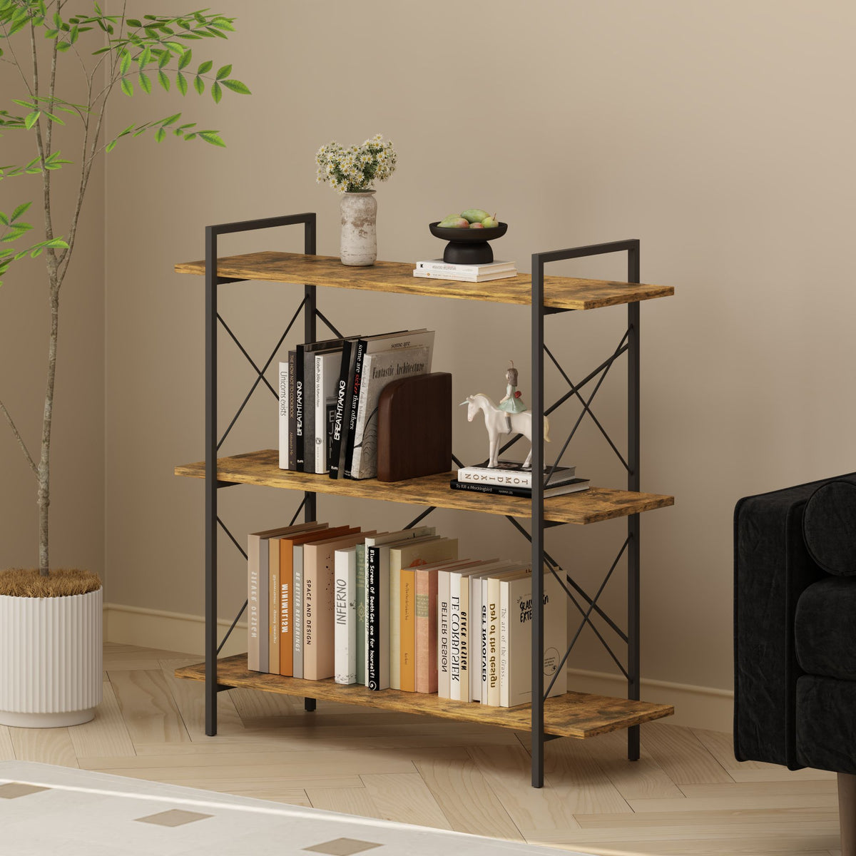 3-Tier Bookshelf, Horizontal Bookcase with Open Storage Shelves, Rustic Industrial Plant Stand, Wood & Metal Shelf for Living Room, Bedroom & Home Office (Rustic Brown)