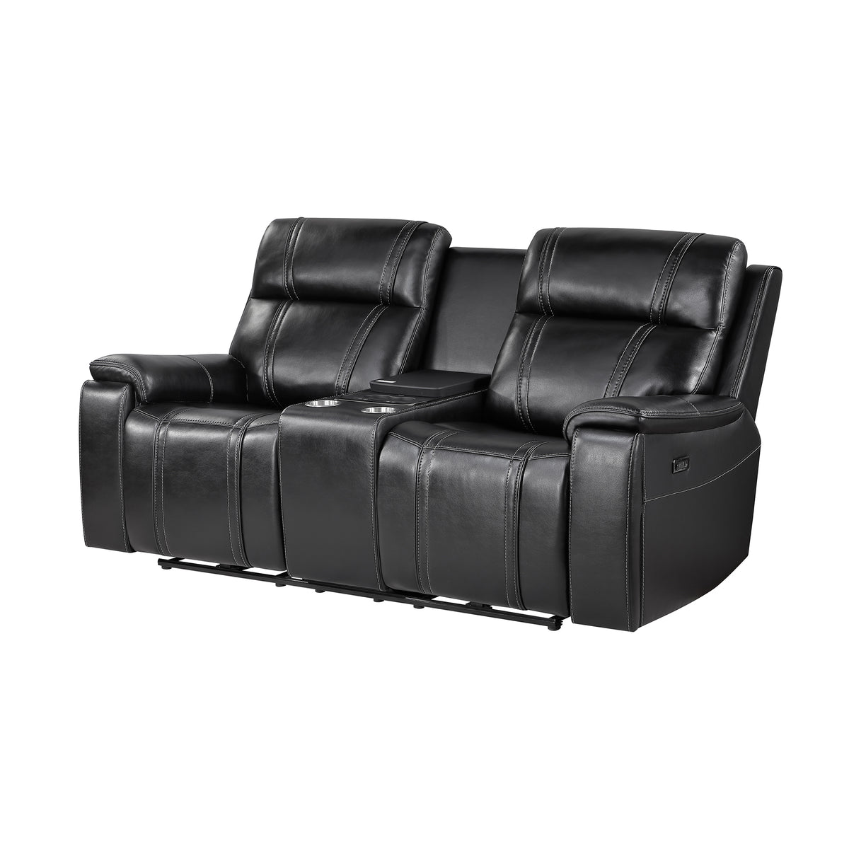 GARY BLACK LEATHER POWER CONSOLE RECLINING LOVESEAT WITH COOLER