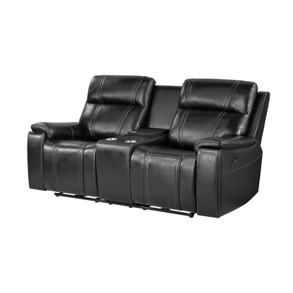GARY BLACK LEATHER POWER CONSOLE RECLINING LOVESEAT WITH COOLER