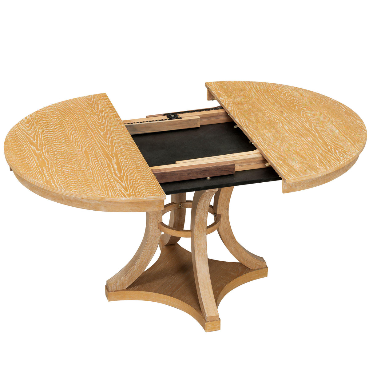 TREXM 5-Piece Retro Functional Dining Table Set Extendable Round Table and 4 Upholstered Chairs for Dining Room and Living Room (Natural)