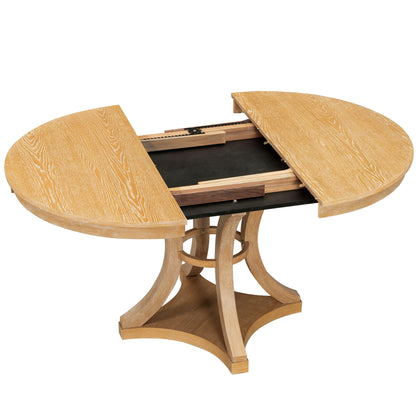 TREXM 5-Piece Retro Functional Dining Table Set Extendable Round Table and 4 Upholstered Chairs for Dining Room and Living Room (Natural)