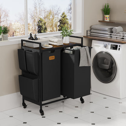 2 Section Laundry Hamper, Laundry Sorter with Wheels, Laundry Basket Organizer with Shelf & 2 Pull-Out Removable Bags, Dirty Clothes Hamper Organizer for Laundry Room Bathroom Dorm ,26.4 gallons(100L)