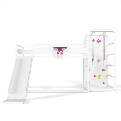 Twin size metal loft/bunk bed with basketball hoop, pull-up rings, climbing wall, and built-in bookshelves. Playful children's design featuring a slide,White.